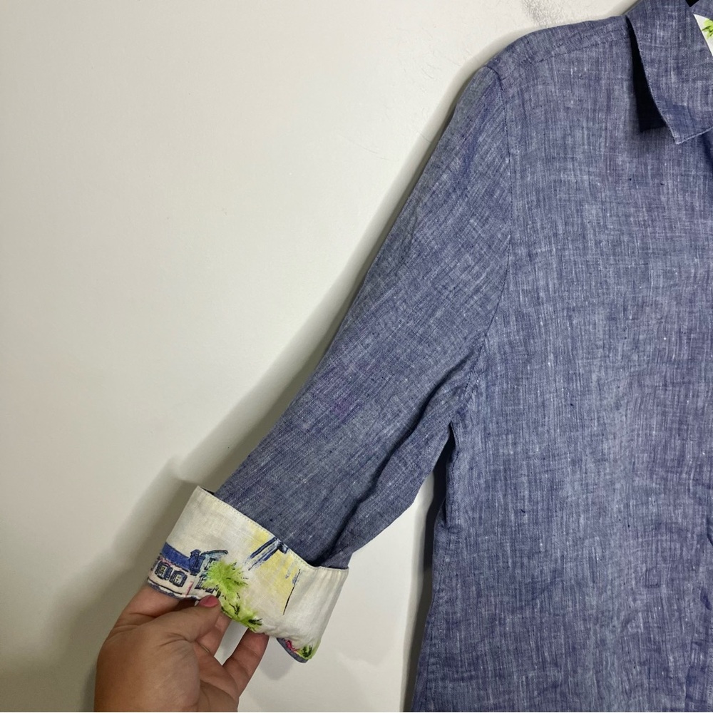 Chico’s 100% linen button down shirt tunic womens size 8-10 navy blue 3/4 sleeve - Picture 5 of 9